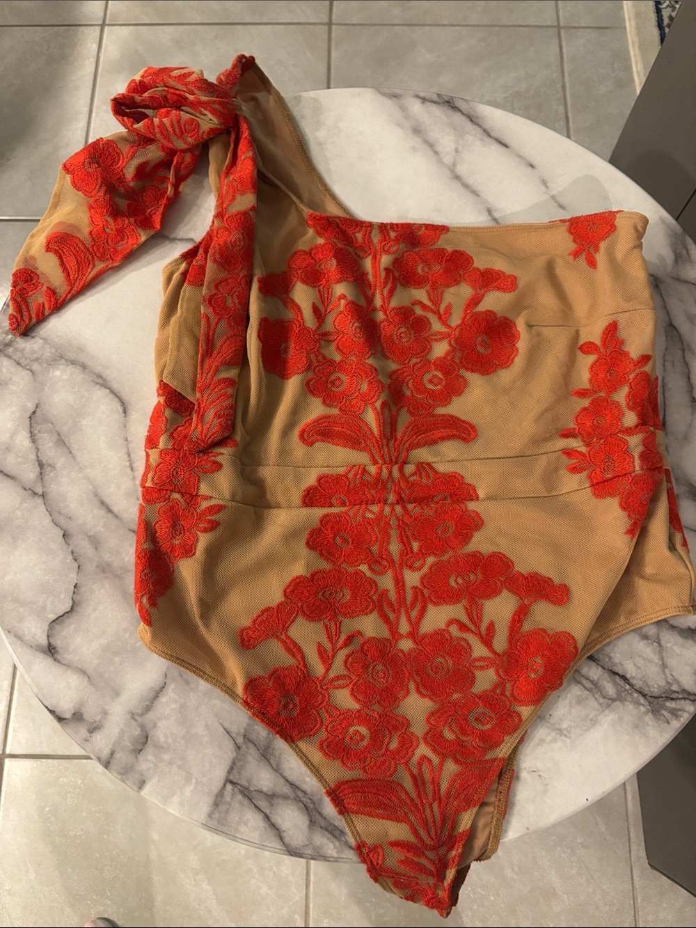 For Love & Lemons One-Shoulder Bodysuit in Tan with Red Floral Embroidery